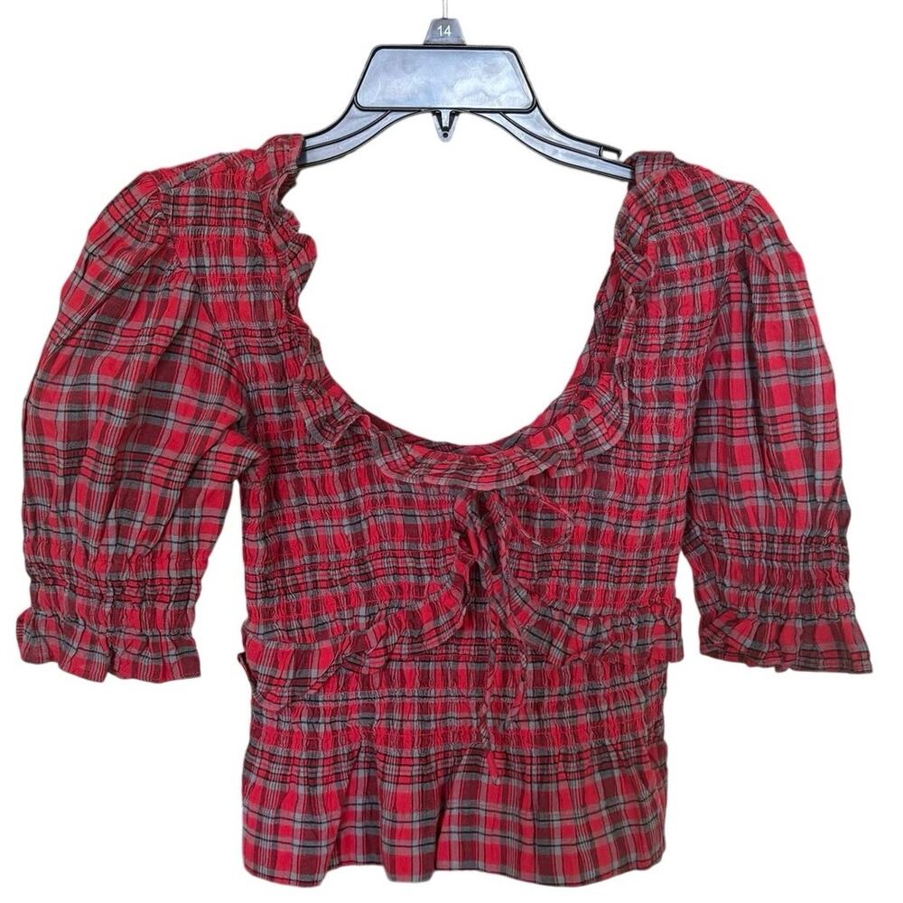 Damson Madder 100% Cotton Red Black Plaid Blouse Top Size UK 8 US 4 Small - Picture 2 of 7
